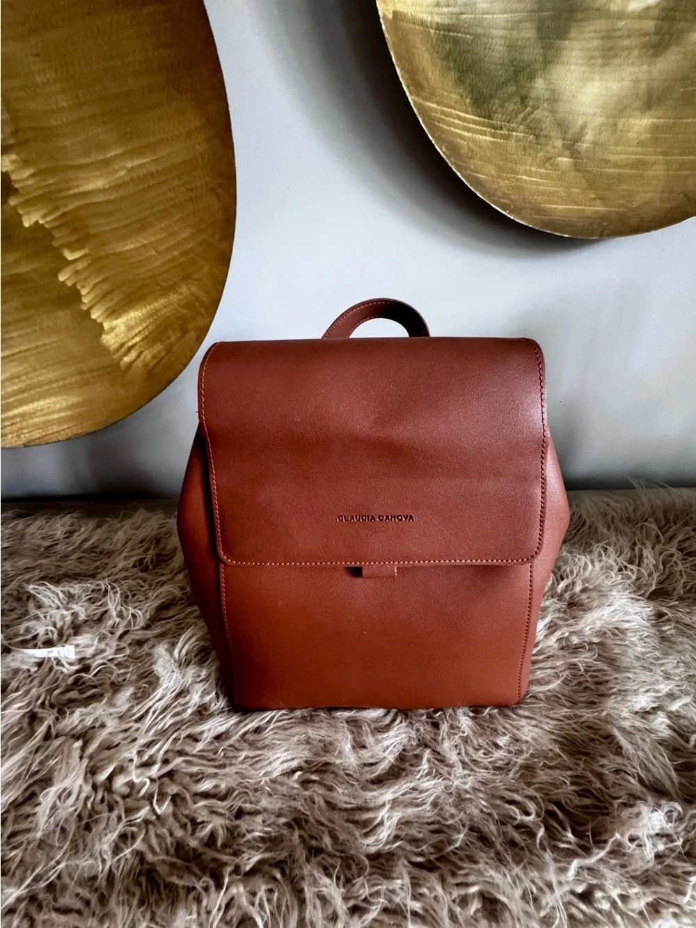Claudia Canova Cognac Faux Leather Flap Backpack